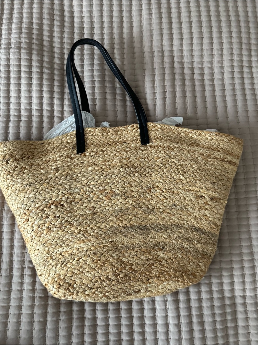 Zara Woven Straw Tote Bag with Black Handles